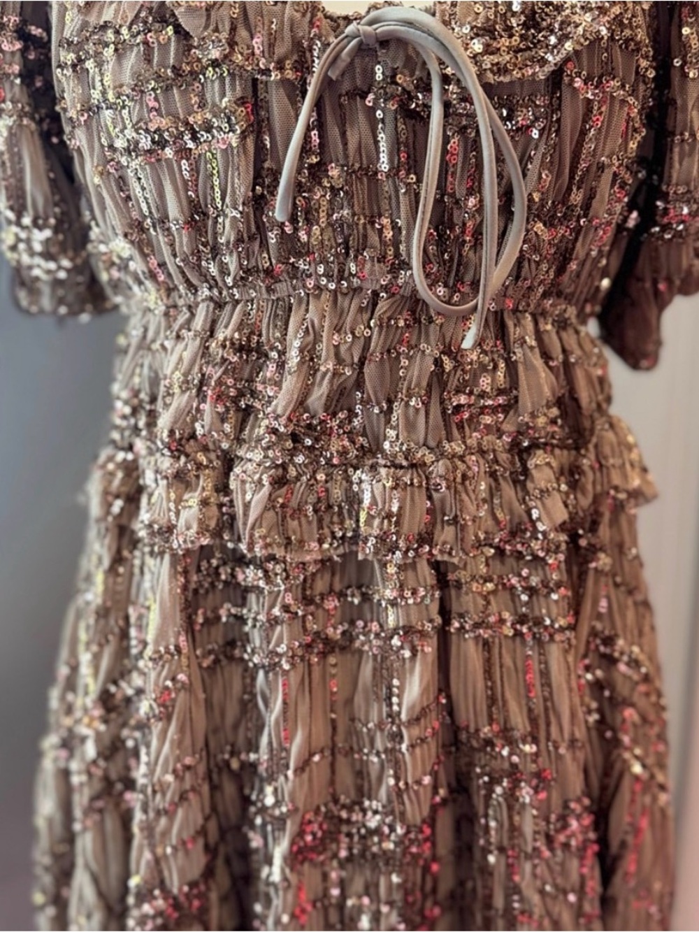NWT En Saison Brown Sequin Ruffle Mini Dress Size Small - Picture 7 of 15